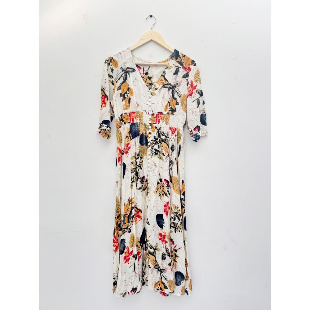 Milumia Ivory Tropical Leaf & Floral Print Button Front Maxi Dress Size XL Rayon